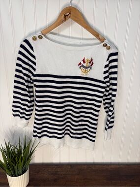 Striped Boatneck Sweater with Gold Buttons - Navy & White